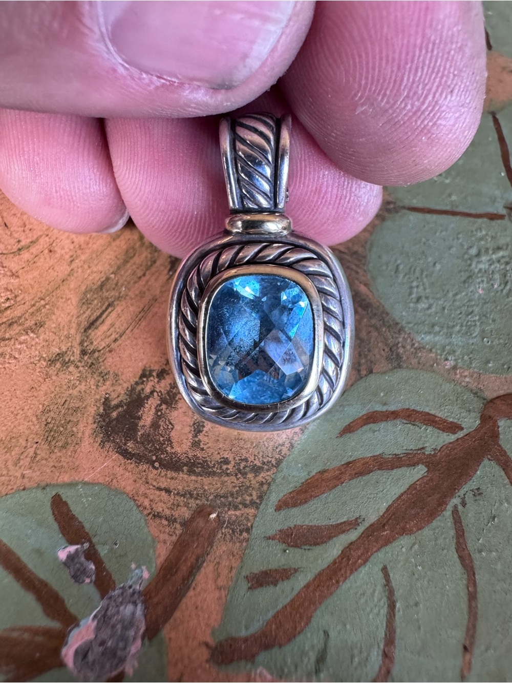 David Yurman Blue Topaz Cable Frame Pendant Necklace - Blue Silver